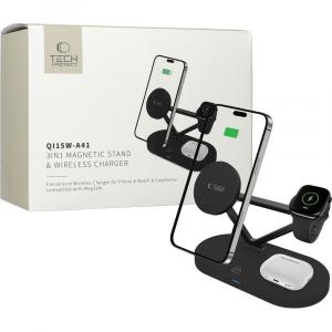 Ładowarka indukcyjna Tech-Protect Qi15W A41 3w1 Magnetic Stand and Wireless Charger do MagSafe, Qi, czarna
