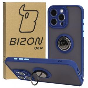 Etui z uchwytem na palec Bizon Case Hybrid Ring do iPhone 15 Pro Max, przydymione z granatową ramką