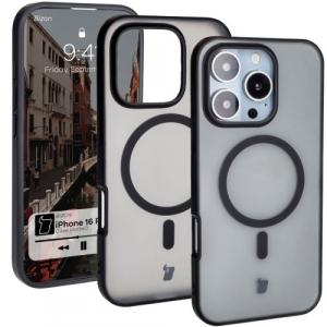 Etui z pierścieniem magnetycznym Bizon Case MatteO do iPhone 16 Pro, półprzezroczyste z czarną ramką