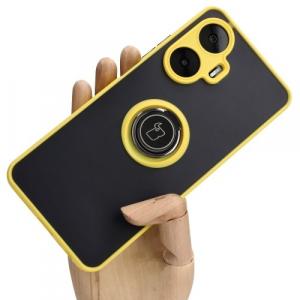 Etui z uchwytem na palec Bizon Case Hybrid Ring do Realme C55, przydymione z żółtą ramką