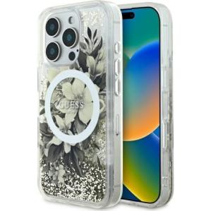 Etui Guess Liquid Glitter Flower do MagSafe do iPhone 16 Pro Max, przezroczysto-wzorzyste