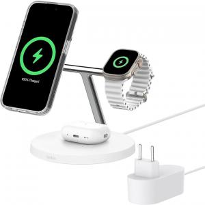 Ładowarka indukcyjna Belkin Boost Pro 3-in-1 Qi2 15W dla Apple Watch / AirPods / iPhone z MagSafe +PSU WIZ032, biała
