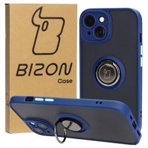 Etui z uchwytem na palec Bizon Case Hybrid Ring do iPhone 15, przydymione z granatową ramką