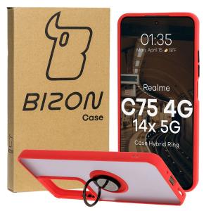 Etui z uchwytem na palec Bizon Case Hybrid Ring do Realme C75 4G / 14x 5G, przydymione z czerwoną ramką