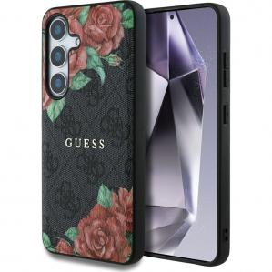 Etui Guess Hardcase 4G Leather Flowers Print Metal Logo MagSafe do Galaxy S25, czarne