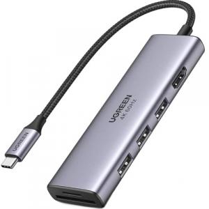 HUB Ugreen rozdzielacz USB - 3x USB 3.2 Gen 1, HDMI 4K 60Hz, SD, TF z portem zasilania USB-C, szary