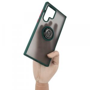 Etui z uchwytem na palec Bizon Case Hybrid Ring do Galaxy S22 Ultra, przydymione z ciemnozieloną ramką