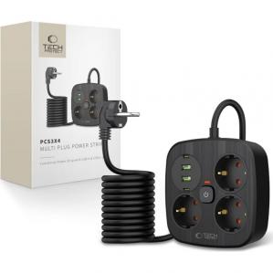 Listwa zasilająca/ przedłużacz Tech Protect , Multi Plug Power Strip PCS3X4, wraz z kablem 2m, czarna
