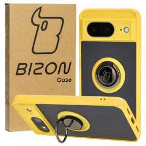 Etui z uchwytem na palec Bizon Case Hybrid Ring do Google Pixel 8, przydymione z żółtą ramką