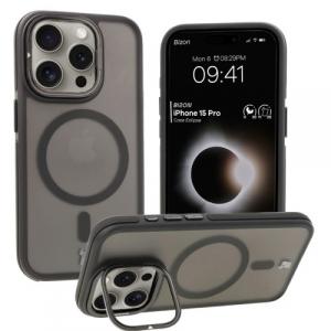 Etui z podstawką i pierścieniem magnetycznym Bizon Case Eclipse do iPhone 15 Pro, przydymione z czarną ramką