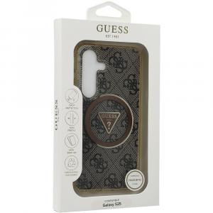 Etui Guess 4G Glitter Triangle Buttons MagSafe do Galaxy S25, brązowe