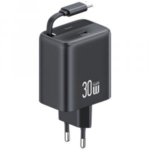 Ładowarka sieciowa USAMS CC241 YC Series 30W PD/QC/GaN, 1x USB-C + zwijany kabel USB-C, czarna