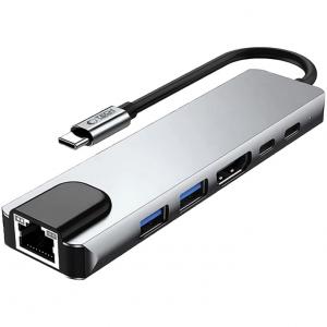 Hub, adapter Tech-Protect HB02, 6w1 1x USB-A 3.0, 1x USB-A 2.0, 2x USB-C, 100W PD, HDMI, RJ-45, szary