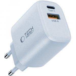 Ładowarka sieciowa Tech-Protect NCA30 2-PORT NETWORK 30W USB-C PD, USB-A QC 3.0, jasnoniebieska