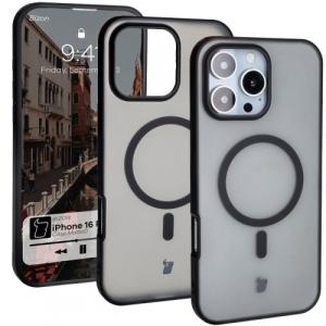 Etui z pierścieniem magnetycznym Bizon Case MatteO do iPhone 16 Pro Max, półprzezroczyste z czarną ramką