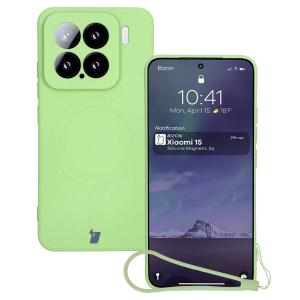 Silikonowe etui z pierścieniem magnetycznym Bizon Case Silicone Magnetic Sq do Xiaomi 15, jasnozielone