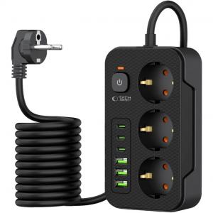 OUTLET: Listwa zasilająca/ przedłużacz Tech-Protect PC3x6, 3x gniazdo sieciowe Schuko, 3x USB-C, 3x USB-A, wraz z kablem 2m, czarna