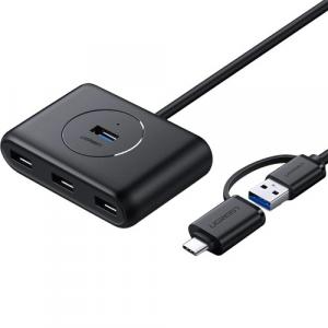 HUB, rozdzielacz Ugreen CR113 4w1, USB-C/USB-A - 4x USB 3.0 1m, czarny