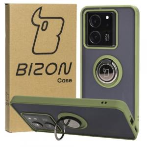 Etui z uchwytem na palec Bizon Case Hybrid Ring do Xiaomi 13T Pro / 13T, przydymione z zieloną ramką