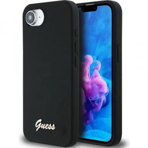 Etui Guess Hardcase Silicone Script Metal Logo do MagSafe do iPhone 16e, czarne