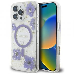 Etui Guess Resin Flowers Glitter MagSafe do iPhone 16 Pro Max, fioletowe z kwiecistym wzorem