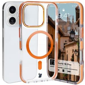 Etui z pierścieniem magnetycznym Bizon Case Marco do iPhone 16 Pro, przezroczyste z pomarańczową ramką