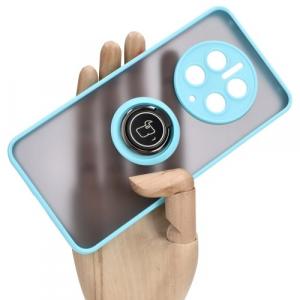 Etui z uchwytem na palec Bizon Case Hybrid Ring do Huawei Mate 50 Pro, przydymione z jasnoniebieską ramką