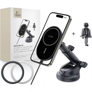 Uchwyt samochodowy z ładowaniem indukcyjnym do kratki nawiewu / deski rozdzielczej / szyby do MagSafe Tech-Protect MM15W-V6, 15W, czarny