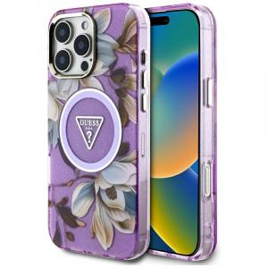 Etui Guess Glitter Flowers Triangle Buttons do MagSafe do iPhone 16 Pro, fioletowe z kwiecistym wzorem