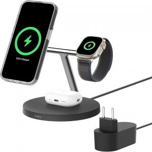 Ładowarka indukcyjna Belkin Boost Pro 3-in-1 Qi2 15W dla Apple Watch / AirPods / iPhone z MagSafe +PSU WIZ032, czarna
