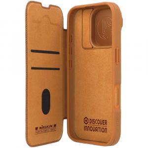 OUTLET: Etui z klapką i ochroną aparatu Nillkin Qin Prop do iPhone 16 Pro, brązowe