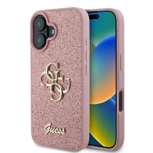 Etui Guess Fixed Glitter Big 4G do iPhone 16, różowa ze złotymi elementami