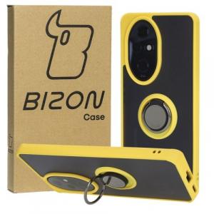 Etui z uchwytem na palec Bizon Case Hybrid Ring do Honor 200 Pro, przydymione z żółtą ramką