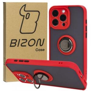 Etui z uchwytem na palec Bizon Case Hybrid Ring do iPhone 15 Pro Max, przydymione z czerwoną ramką