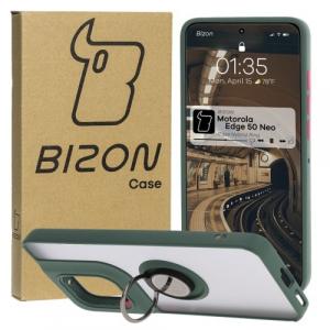 Etui z uchwytem na palec Bizon Case Hybrid Ring do Motorola Edge 50 Neo, przydymione z ciemnozieloną ramką