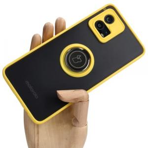 Etui z uchwytem na palec Bizon Case Hybrid Ring do Motorola Moto G72, przydymione z żółtą ramką