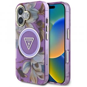 Etui Guess Glitter Flowers Triangle Buttons do MagSafe do iPhone 16, fioletowe z kwiecistym wzorem