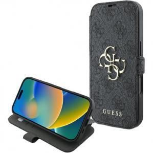 Etui zamykane z podstawką Guess 4G Metal Logo do iPhone 16 Pro, czarna ze złotymi elementami