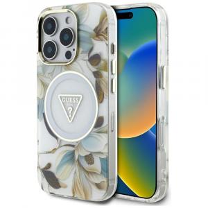 Etui Guess Glitter Flowers Triangle Buttons do MagSafe do iPhone 16 Pro, białe z kwiecistym wzorem