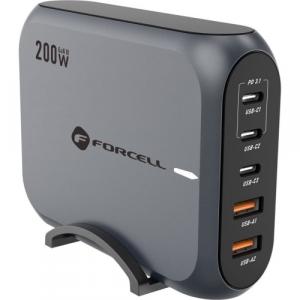 Ładowarka biurkowa, stacja ładująca Forcell F-Energy VT-51 200W, 3x USB-C / 2x USB-A PD QC 4.0 GaN III, szara