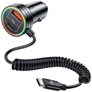 Ładowarka samochodowa USAMS US-CC167 60W 1x USB-C / 1x USB-A, z wbudowanym kablem USB-C, czarna