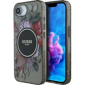 Etui Guess IML Flowers MagSafe do iPhone 16e, czarno-przezroczyste