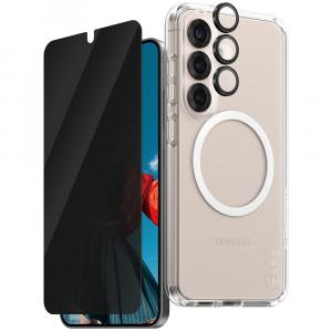 Etui ze szkłem prywatyzującym na ekran i aparat CARE by PanzerGlass Flagship 3in1 Privacy do Galaxy S25, przezroczyste