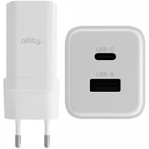 Ładowarka sieciowa GaN Allity ATC-01-45WAC 45W 1x USB-C PD / 1x USB-A QC, biała