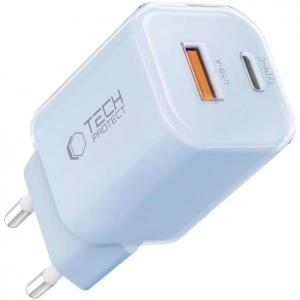 Ładowarka sieciowa Tech-Protect NCM33W 2-PORT NETWORK 33W USB-C PD, USB-A QC 3.0, jasnoniebieska