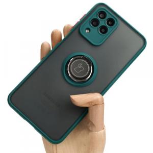 Etui z uchwytem na palec Bizon Case Hybrid Ring do Galaxy M33 5G, przydymione z ciemnozieloną ramką