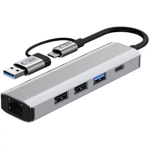 Hub, adapter Tech-Protect HB03, 5w1 2x USB-A 3.0, 1x USB-A 2.0, 1x USB-C, RJ-45, szary