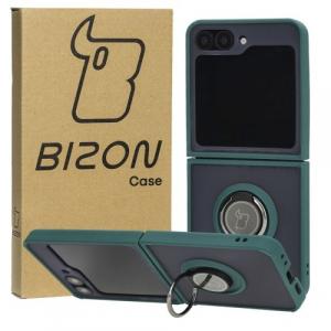 Etui z uchwytem na palec Bizon Case Hybrid Ring do Galaxy Z Flip6, przydymione z ciemnozieloną ramką