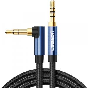 Kabel płaski audio Ugreen AUX 3,5 mm mini jack (2x męski) 1,5 m, czarny z niebieskimi wtyczkami