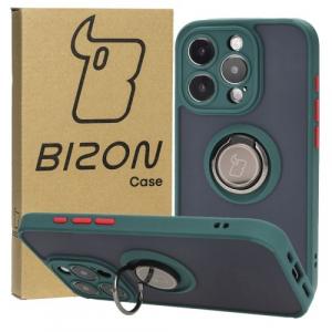 Etui z uchwytem na palec Bizon Case Hybrid Ring do iPhone 15 Pro, przydymione z ciemnozieloną ramką